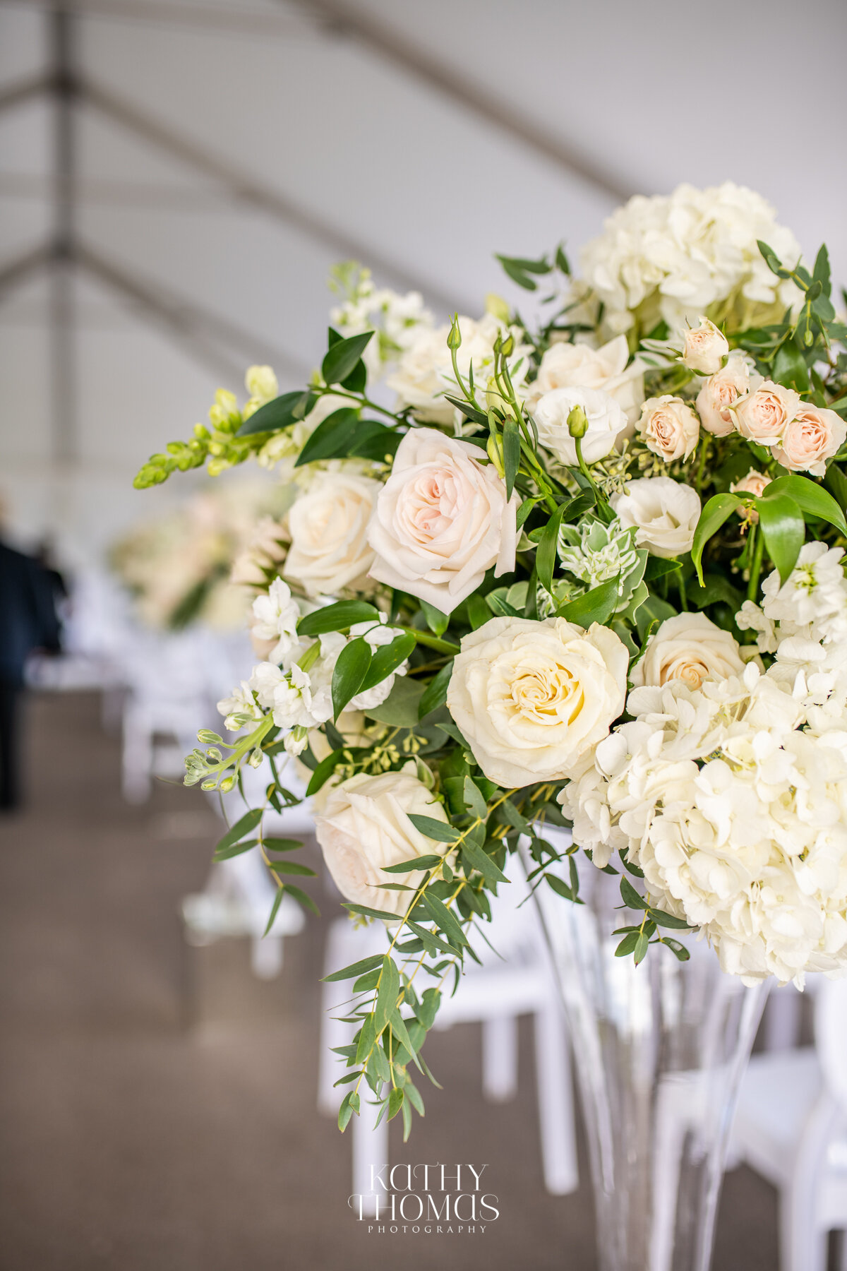 Tall white and blush centerpiece with garden roses
