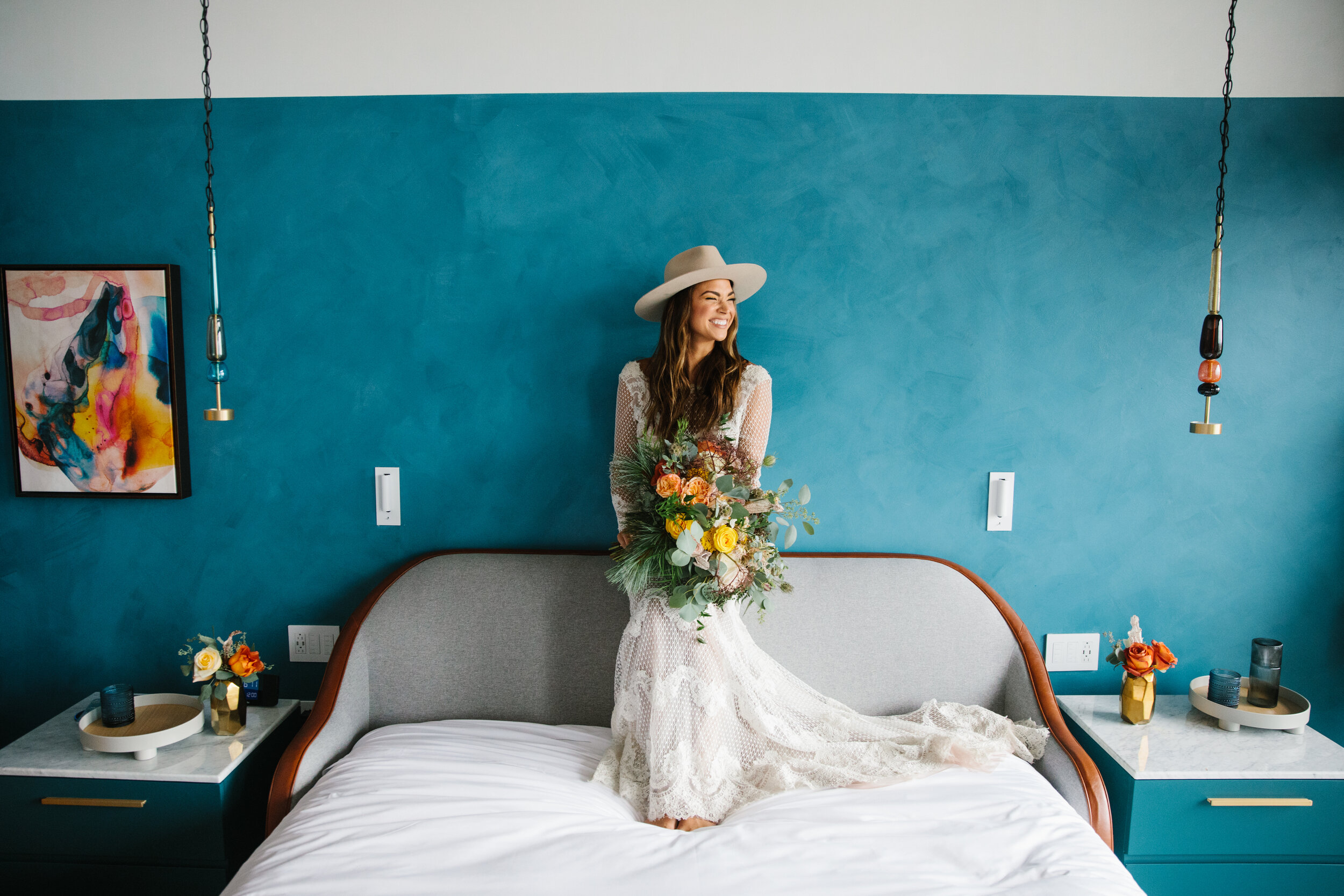 Editorial bridal portrait with a bouquet at the Virgin Hotel